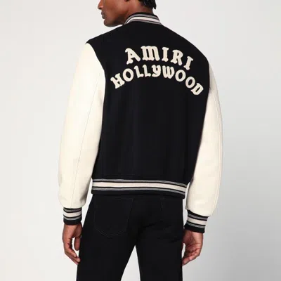 Amiri Mens Hollywood Embroidered-text Wool-leather Blend Bomber Jacket Black Xl In Black