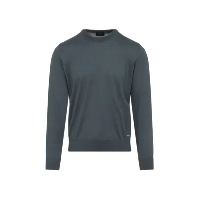Brioni Ribbed Crewneck Sweater With Cuffs And Hem In Blue