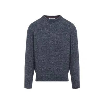 Brunello Cucinelli Blue Crewneck Sweater With A Melange Effect In Gray