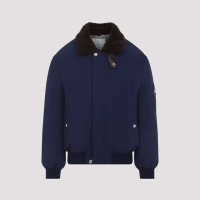 Brunello Cucinelli Tailored Feather Down Jacket With Sheepskin Collar In Blue