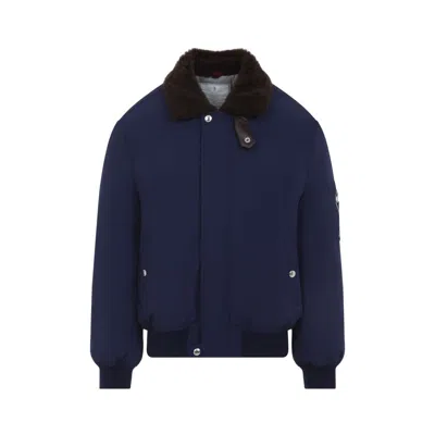 Brunello Cucinelli Tailored Feather Down Jacket With Sheepskin Collar In Blue