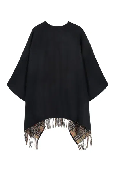 Burberry Black Wool Cape With Check Pattern