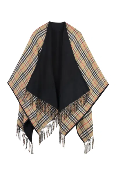 Burberry Black Wool Cape With Check Pattern
