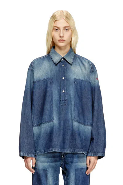 Diesel Henley Top In Contrast-effect Denim In Blue