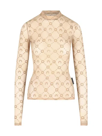 Marine Serre Printed Fitted Top Sheer Sleeves In Neutral