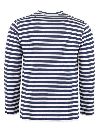 Comme Des Garçons Play Logo Striped T-shirt With Round Neck And Long Sleeves In Blue