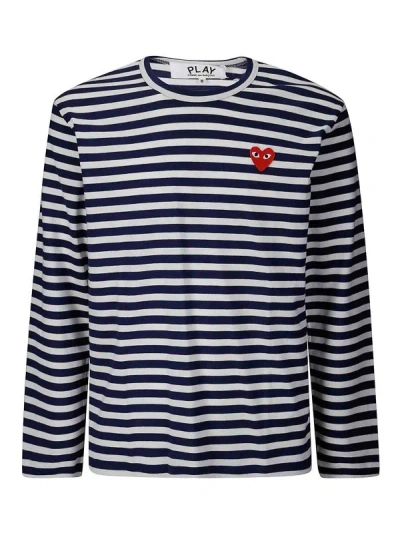 Comme Des Garçons Play Logo Striped T-shirt With Round Neck And Long Sleeves In Blue