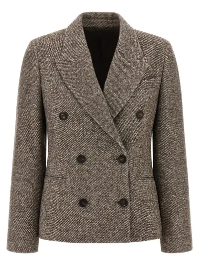 Brunello Cucinelli Virgin Wool And Silk Melange Diagonal Double-breasted Blazer In Brown