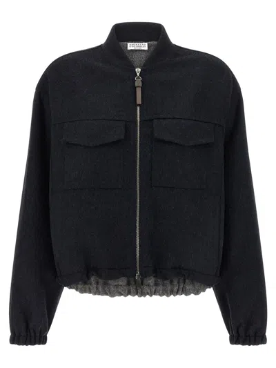 Brunello Cucinelli Oversized Virgin Wool Jacket With Ribbed Collar In Black
