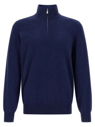 Brunello Cucinelli Blue Cashmere Blend Lightweight Half-zip Sweater