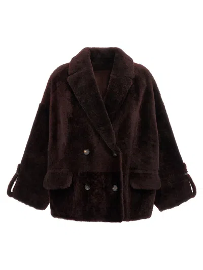 Brunello Cucinelli Reversible Shearling Outerwear With Shiny Cuff Details. In Brown