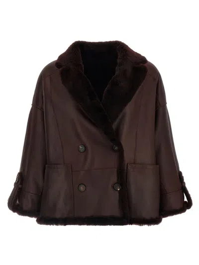 Brunello Cucinelli Reversible Shearling Outerwear With Shiny Cuff Details. In Brown