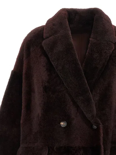 Brunello Cucinelli Reversible Shearling Outerwear With Shiny Cuff Details. In Brown