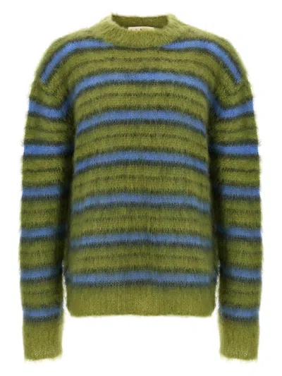Marni Crew Neck Fuzzy Striped Sweater In Green