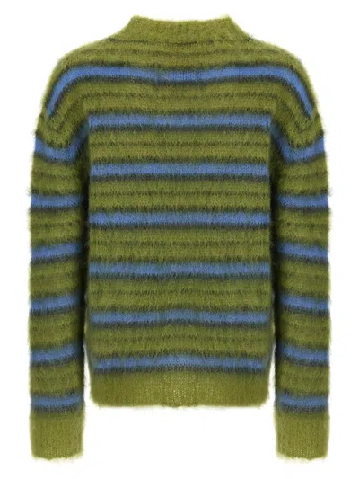 Marni Crew Neck Fuzzy Striped Sweater In Green