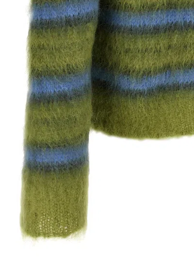 Marni Crew Neck Fuzzy Striped Sweater In Green