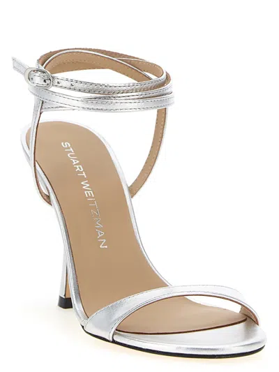 Stuart Weitzman Metallic Buckle Wrap Sandals In Silver