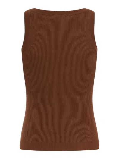Miu Miu Ribbed Sleeveless Square Neck Cotton Top In Brown