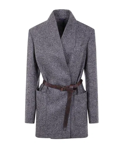 Brunello Cucinelli Belted Waist Suit Jacket In Gray