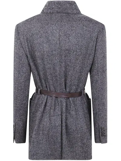 Brunello Cucinelli Belted Waist Suit Jacket In Gray