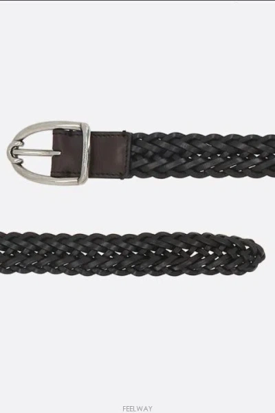 Tom Ford Angled Buckle Woven Leather Belt In Black
