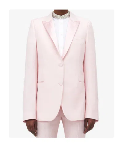 Alexander Mcqueen Wool Ruffle Asymmetric Blazer In Pink