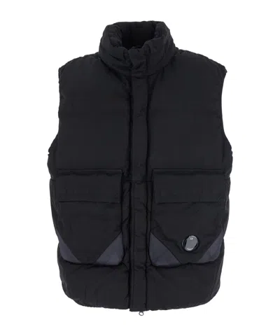 C.p. Company Black Vest With Mock Drawstring Neck And Logo Plaque On The Front