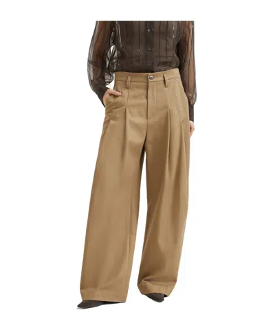 Brunello Cucinelli Trousers With Front Pleats And Wide Leg In Brown