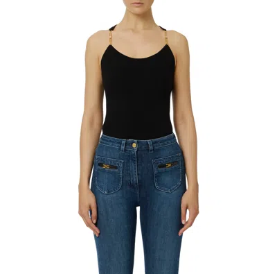 Elisabetta Franchi Top In Ribbed Knit Fabric With Openwork Details In Black