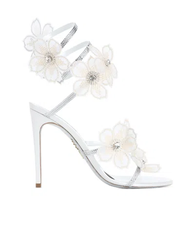 René Caovilla Leather Floral Embroidered Crystal Sandals In White