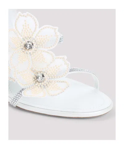 René Caovilla Leather Floral Embroidered Crystal Sandals In White