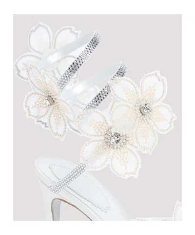 René Caovilla Leather Floral Embroidered Crystal Sandals In White