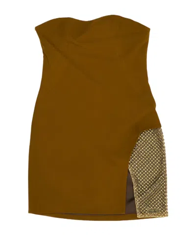 Attico Sequin Insert Strapless Fitted Dress With Side Mesh In Brown