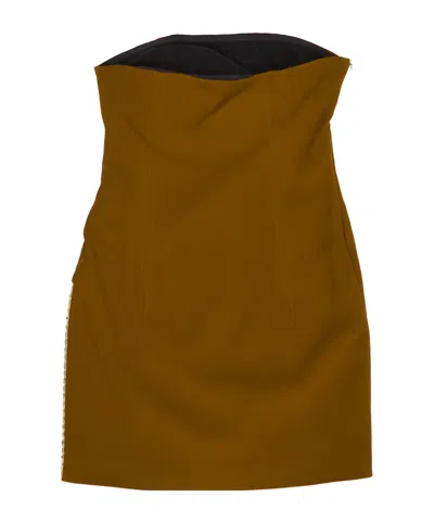 Attico Sequin Insert Strapless Fitted Dress With Side Mesh In Brown