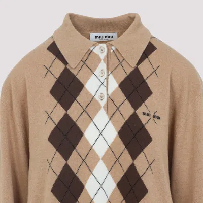 Miu Miu Argyle Pattern Cashmere Polo Pullover In Neutral