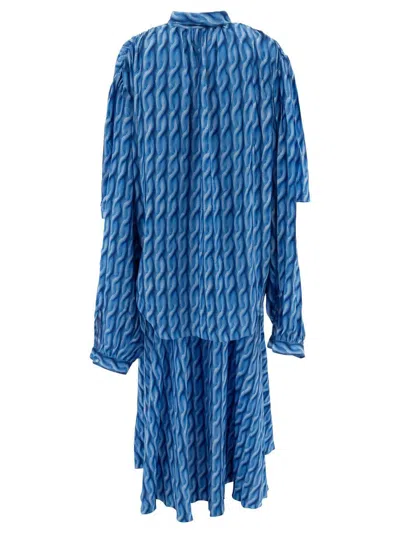 Balenciaga Blue Long Dress With All-over Print And Bow Closure In Fabric Woman