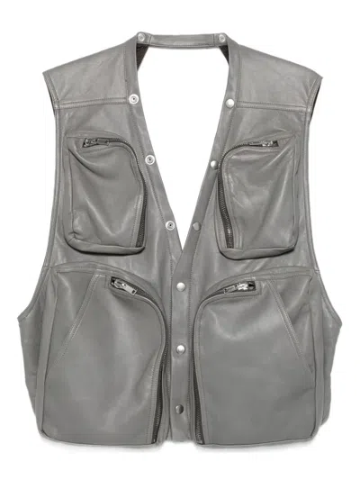 Rick Owens Multi-pocket Leather Vest In Gray
