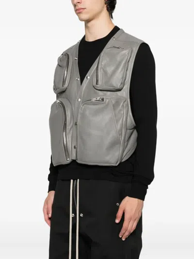 Rick Owens Multi-pocket Leather Vest In Gray