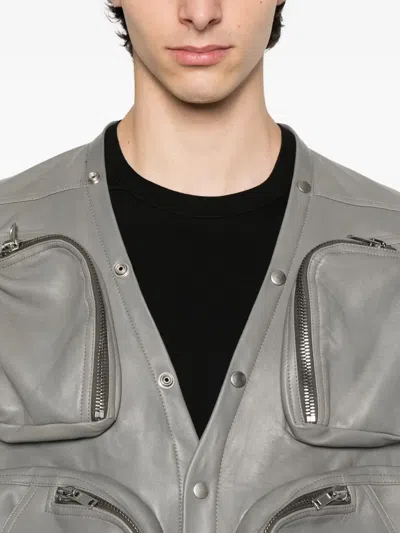 Rick Owens Multi-pocket Leather Vest In Gray