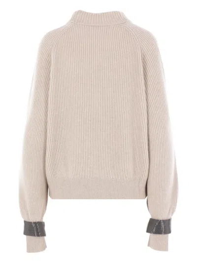 Brunello Cucinelli Ribbed Embellished-cuff Sweater In Neutral