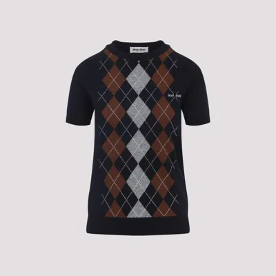 Miu Miu Cashmere Argyle Short-sleeve Sweater In Blue