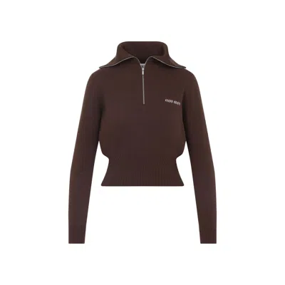 Miu Miu Logo Intarsia Half-zip Sweater In Brown