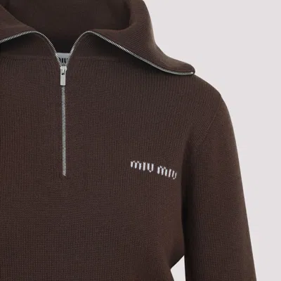 Miu Miu Logo Intarsia Half-zip Sweater In Brown