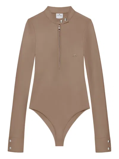 Courrèges Zip-front Long-sleeve Bodysuit In Brown