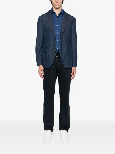 Brunello Cucinelli Single-breasted Cotton Denim Jacket With Patch Pockets In Blue