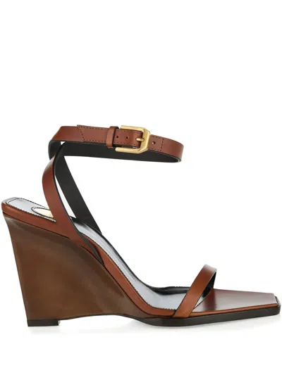 Saint Laurent 90mm May Leather Ankle-strap Wedge Sandals In Multi
