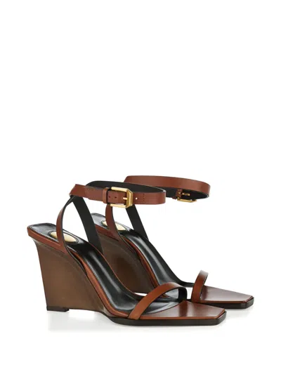 Saint Laurent 90mm May Leather Ankle-strap Wedge Sandals In Multi