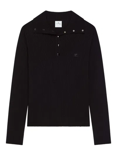Courrèges Ribbed-knit Polo Sweater In Black