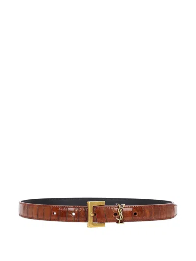 Saint Laurent Crocodile-embossed Square-buckle Belt In Brown