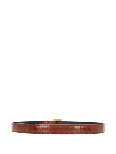 Saint Laurent Crocodile-embossed Square-buckle Belt In Brown